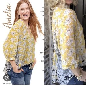 Cabi Gather Marigold Blouse Top Sheer Floral Button Up Back Drawstring 5713 XS